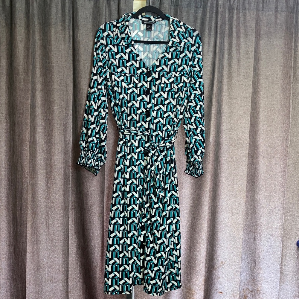 Ashley Stewart Teal and Black Geometric Long Sleeve Dress